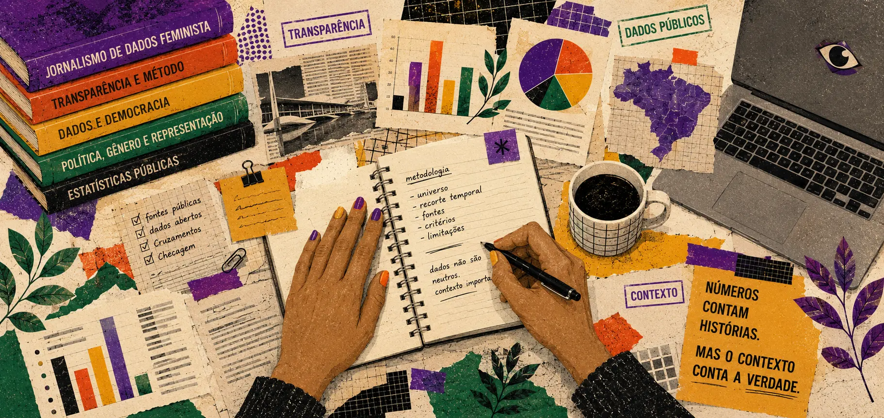 Ilustração editorial: mesa de trabalho jornalística com caderno de metodologia, gráficos e recortes