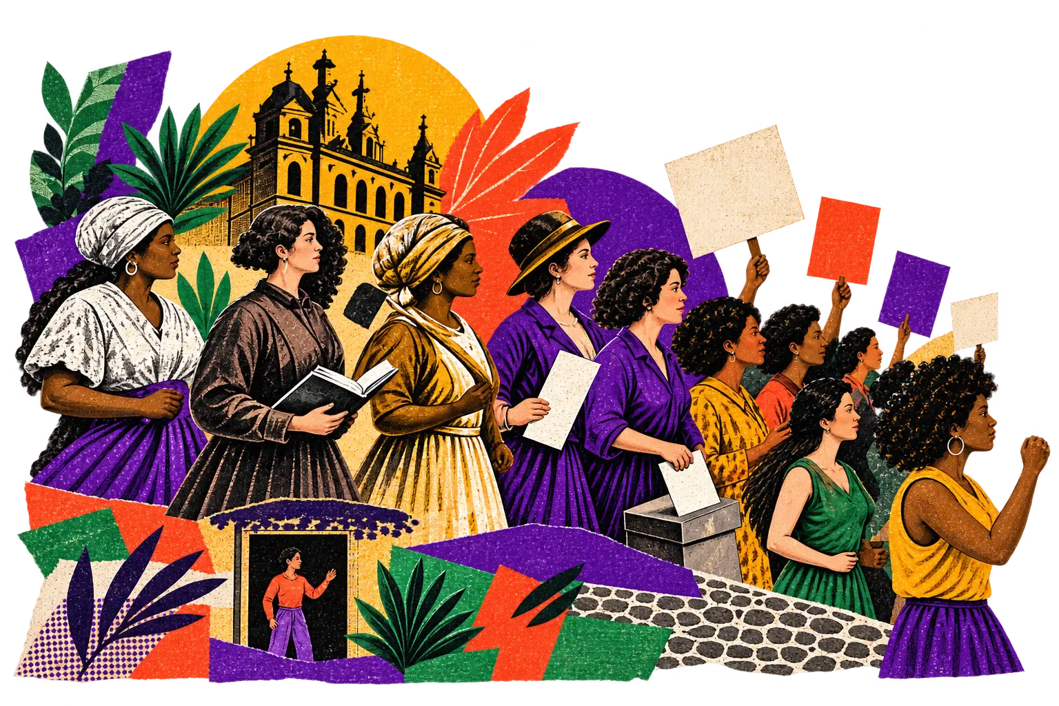 Ilustração editorial: marcha de mulheres com cartazes e urnas