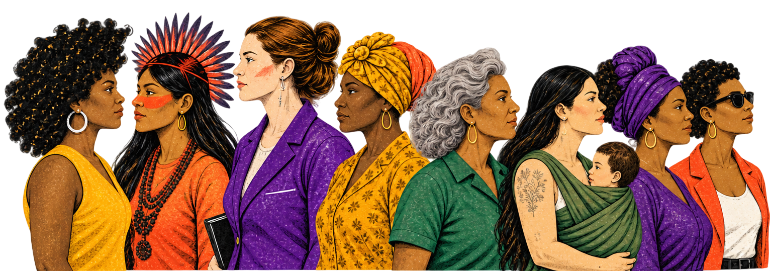 Ilustração editorial: fileira de mulheres de perfil, de diferentes idades, origens e trajetórias