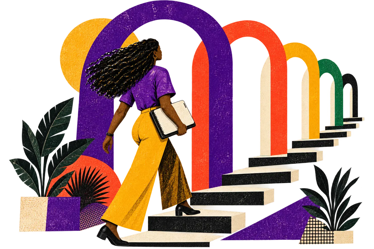 Ilustração editorial: mulher subindo degraus sob arcos coloridos